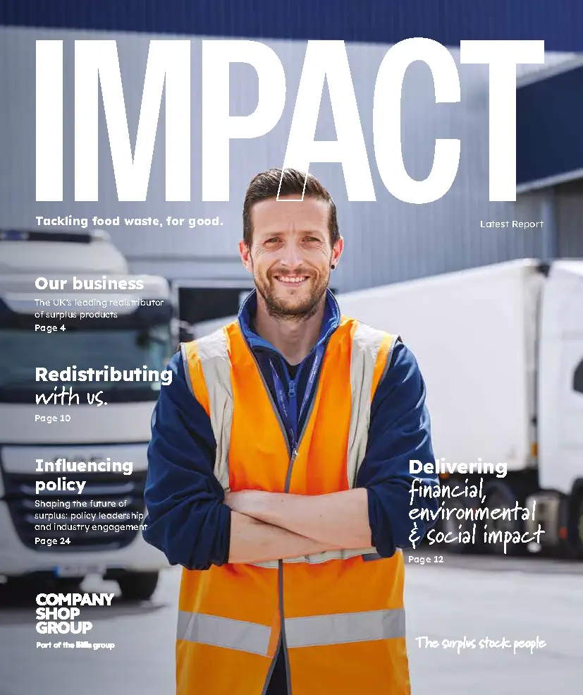 Front cover of the 2025 Company Shop Group Impact Report showing an employee wearing an orange high-vis jacket and headlines from the report.