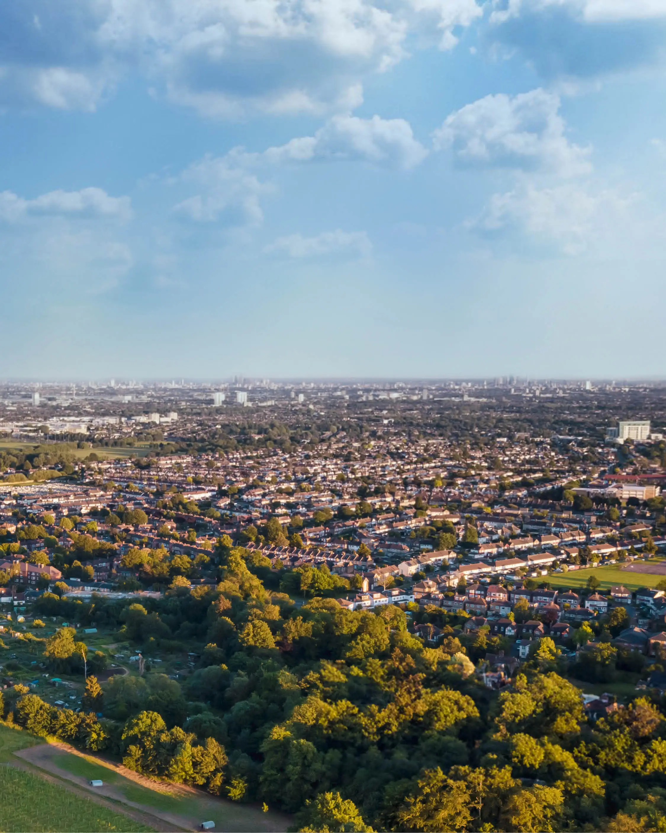 UK town on a sunny day with houses, rows of trees and football fields.